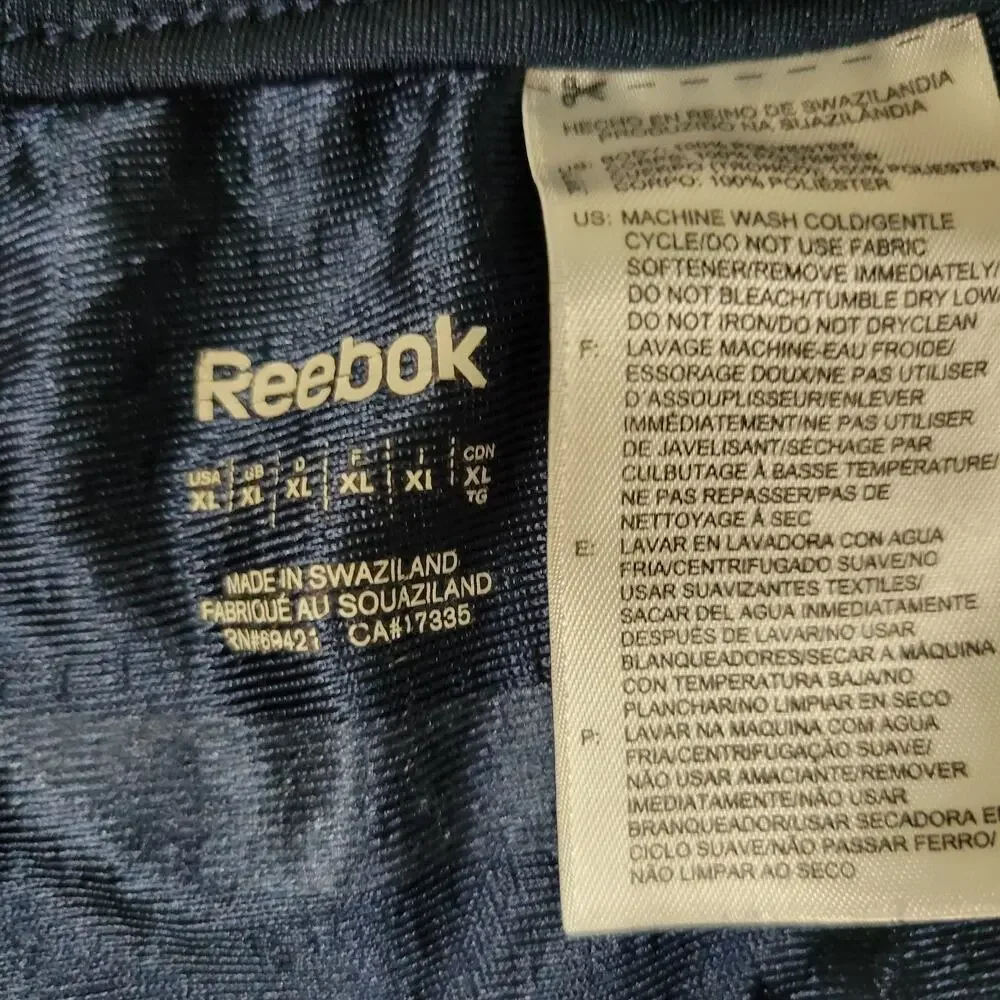 REEBOK Sport Shorts Blue White Gray Trim Drawstring Pockets 36